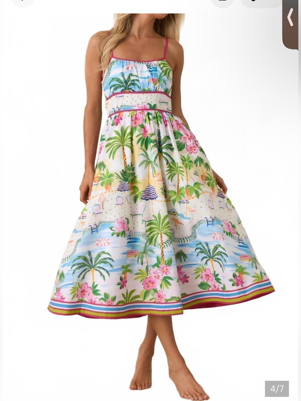 Tropical Print White Midi Skirt with Pink Trim